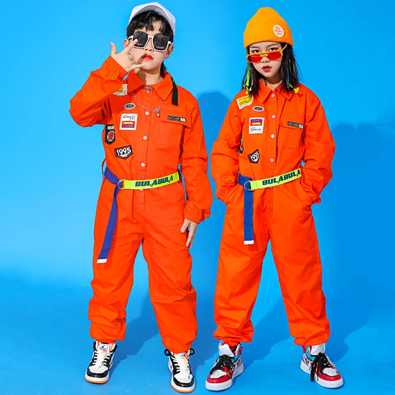 

Hip Hop Dance Costume Kids Fashion Orange Overalls Jumpsuit Long Sleeves Street Dancewear Drum Show Clothing Girls BL7600