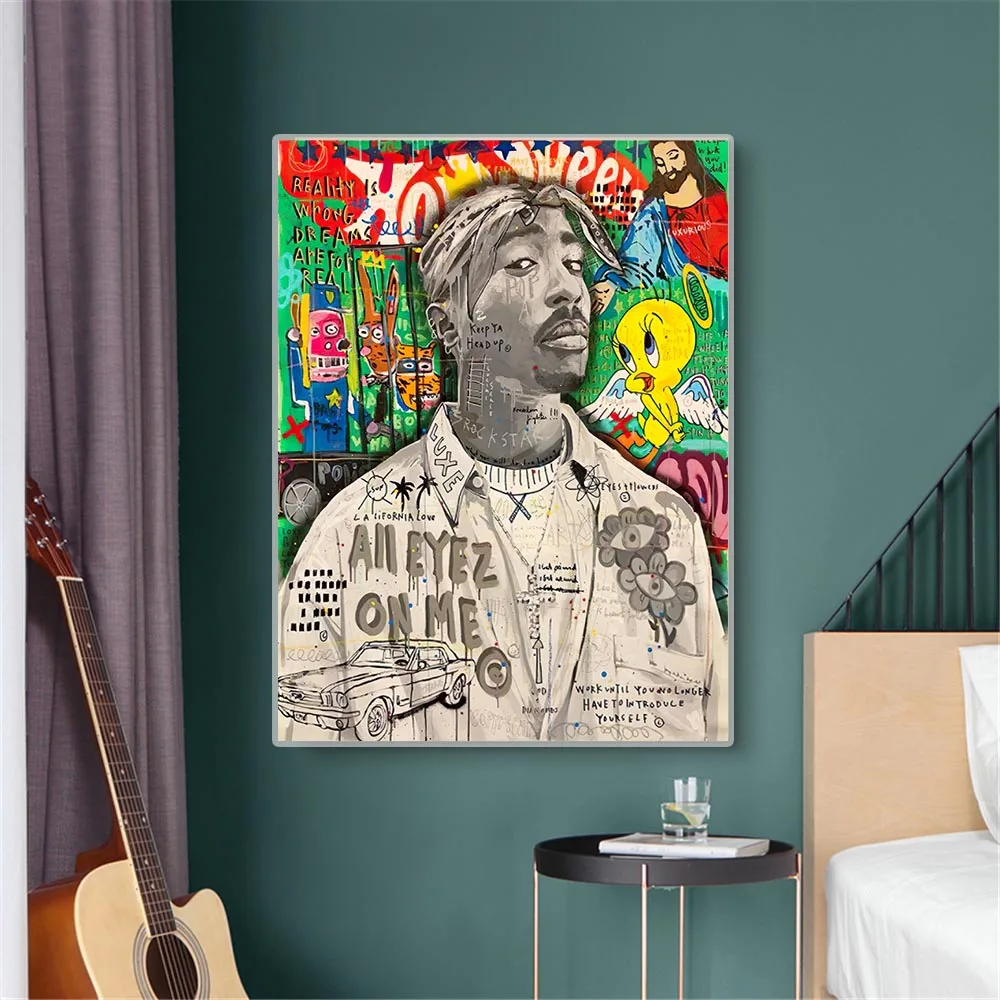 

Graffiti Artwork Tupac Rapper 2Pac Posters and Prints All Eyes on Me Pop Street Art Canvas Paintings for Modern Home Bar Decor