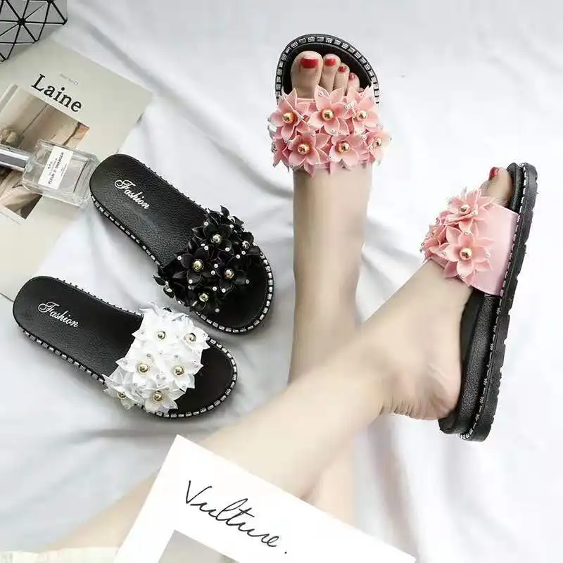 

2021 New Fashion Summer Women Slippers Flower Peep Toe Soft Solid Outdoor Pleated Beach Ladies Shoes Flat Sweet Female Footwear