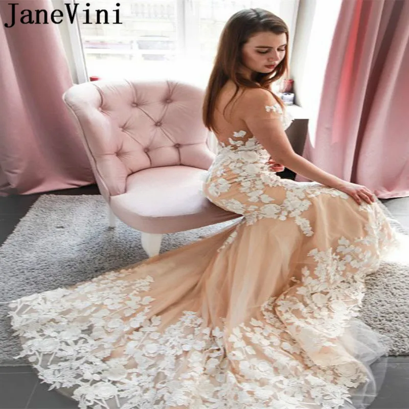 

JaneVini Elegant Lace Appliques Mermaid Party Dress Champagne Tulle Backless Prom Evening Dresses Long Sexy Illusion Formal Gown