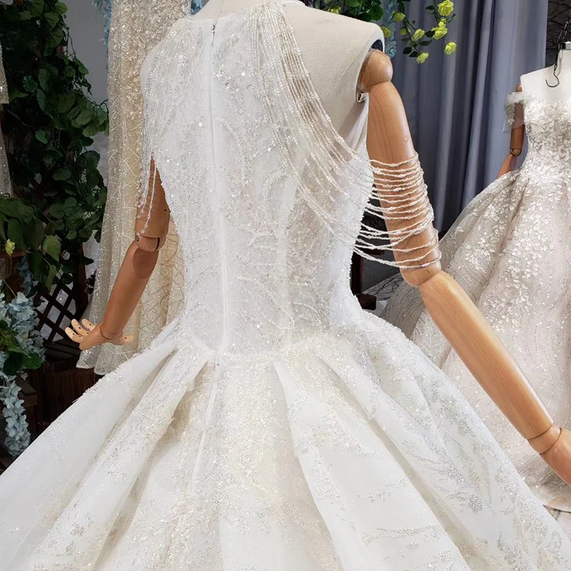 BGW 21320ht Wedding Gowns With Long Train Sleeveless Beading Sequined Zipper O-neck Wedding Dress A Line Vestido De Novia 2019