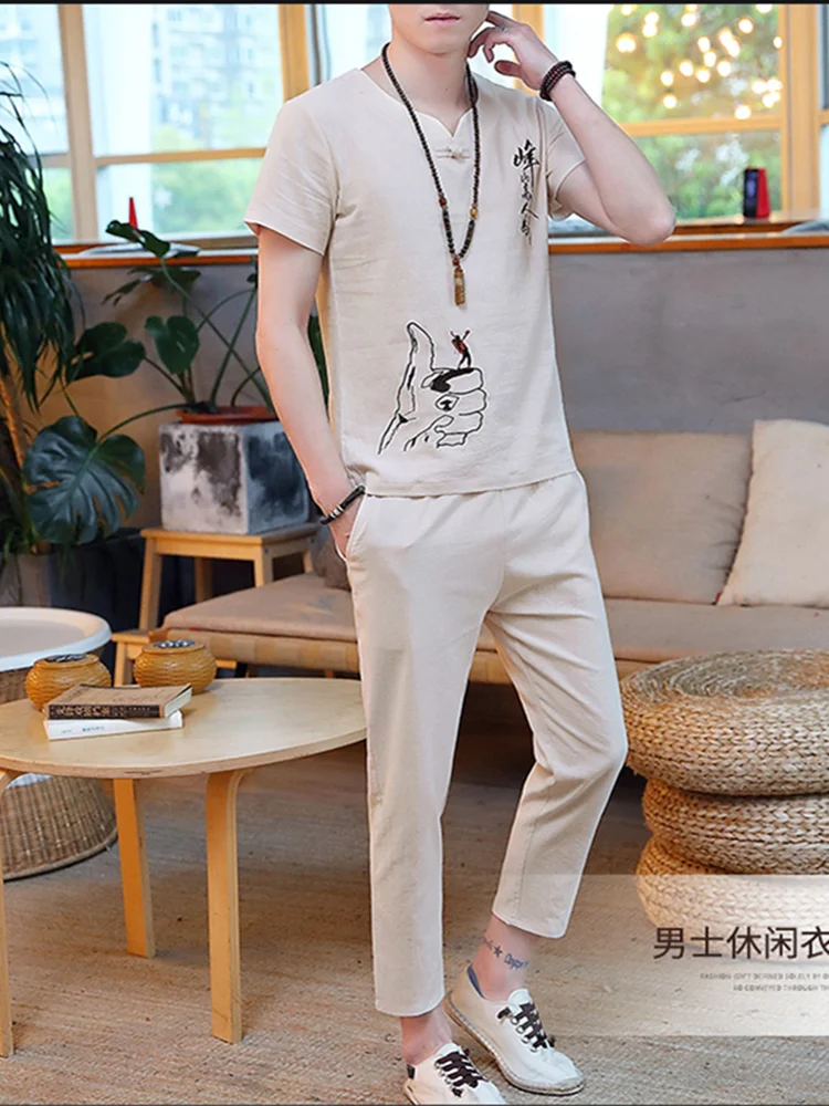 

NEW 2021 summer linen set cotton men embroidery T-shirt slim short-sleeved solid color casual large size pants