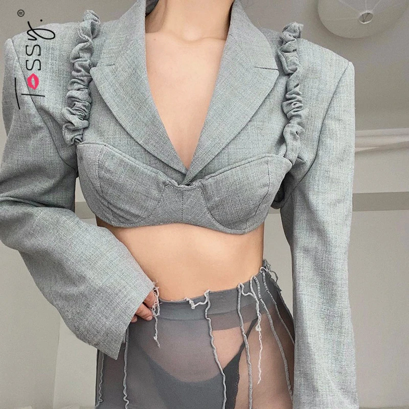 

Tossy Grey V-neck Cropped Top Blazers Ruched Slim Camis Fashion Women Short Gray Blazers Sexy Y2K Stearwear Two Pieces Set 2021
