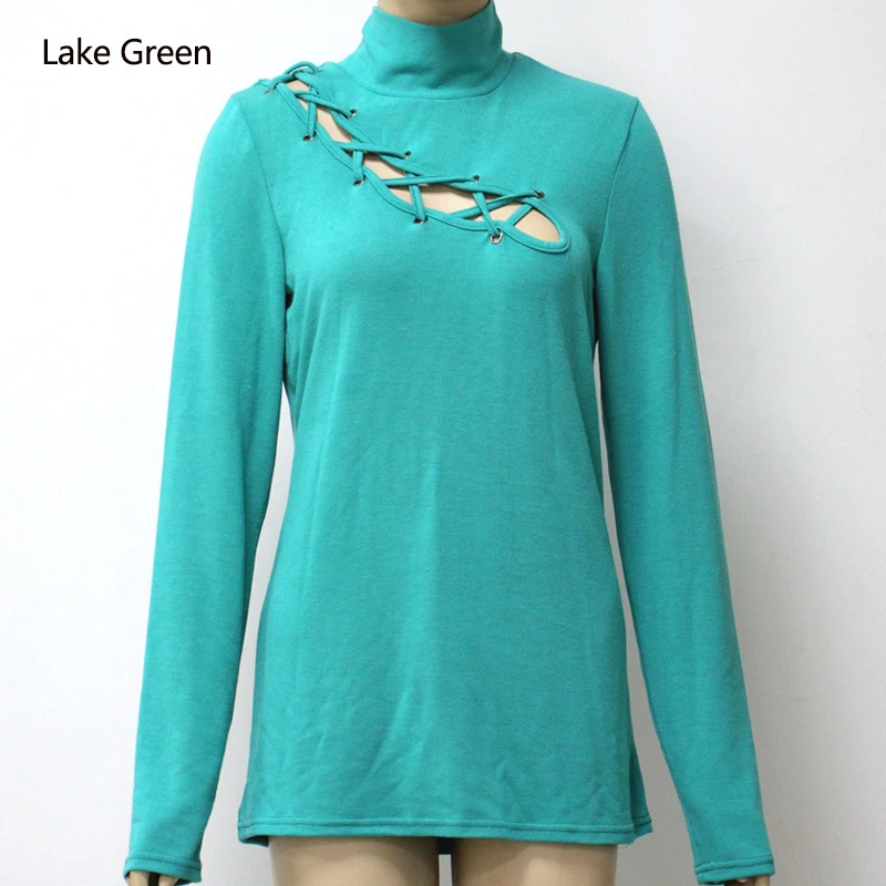Lake Green Для женщин с длинным рукавом однотонные Цвет в европейском и американском стиле Стиль круглый ремешок на шею, через плечо футболка женский тонкий выдалбливают футболки SJ2226U - Цвет: Lake Green