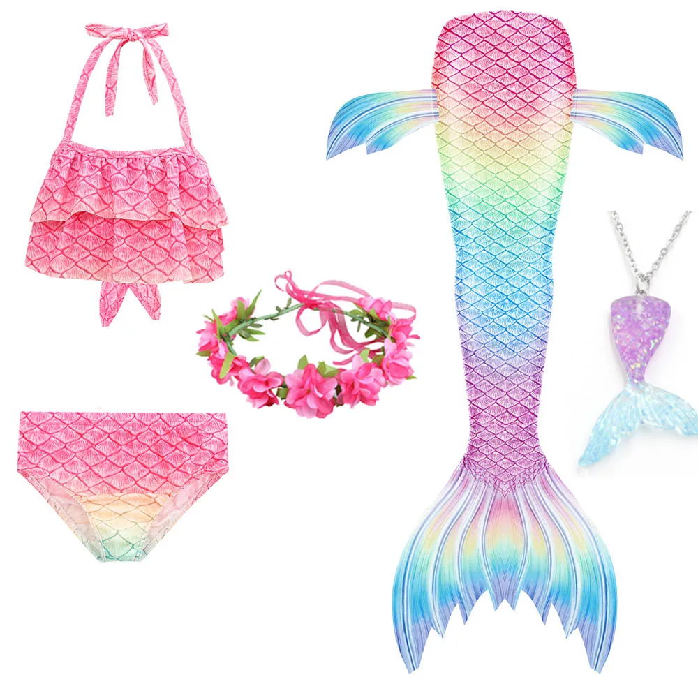 

Girls Cosplay Mermaid Tail Costumes Swimwear No Fin Three-piece Bikini Set Hot Spring Pool Party Swimsuit with Necklace Garland
