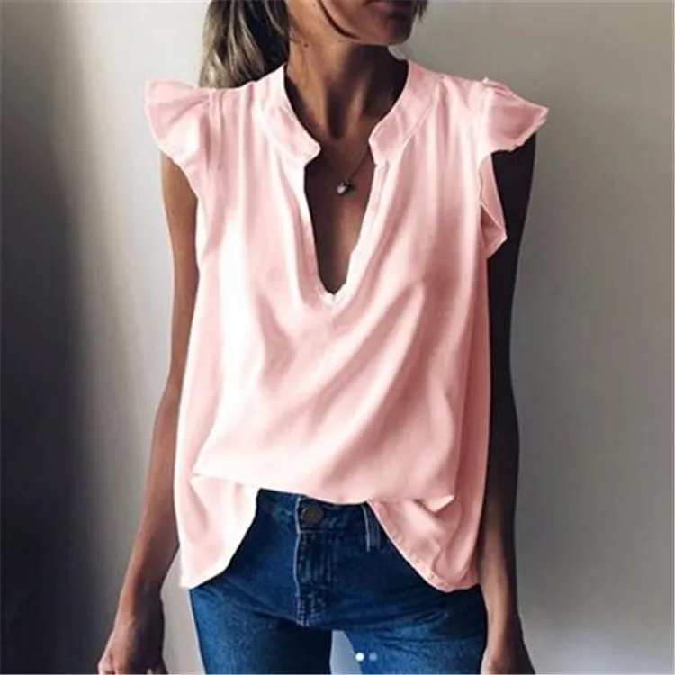 

Women's summer new style stand-up collar short-sleeved solid color casual shirt