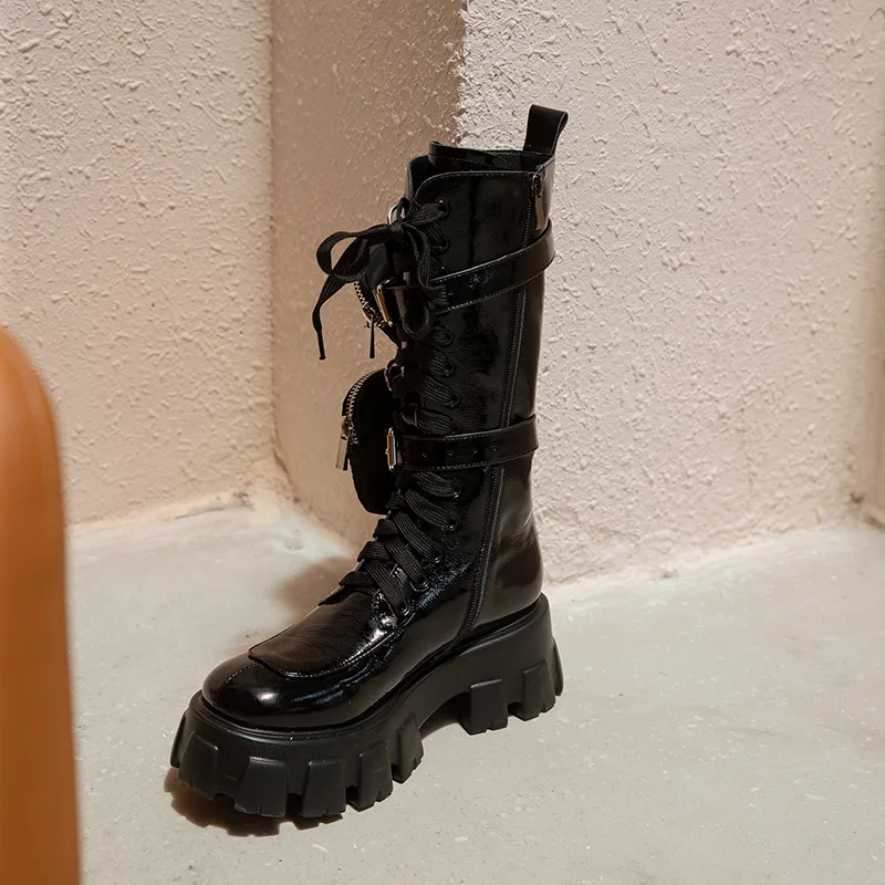 

2020 new boots women's sports leisure bag round head lace up side zipper mid tube boots with thick soled ins