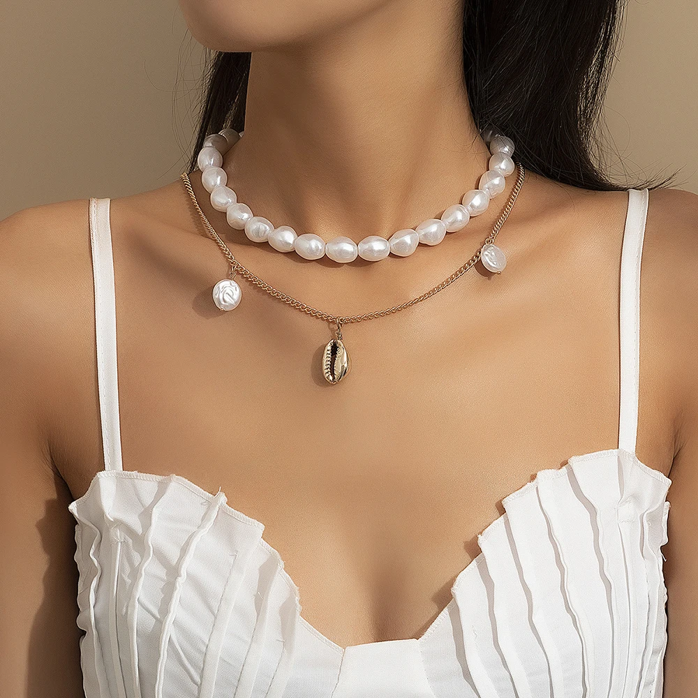 

Fashion Layered Collier Baroque Imitation Pearls Chain Choker Necklace For Women Shell Statement Pendant Necklace Charm Jewelry