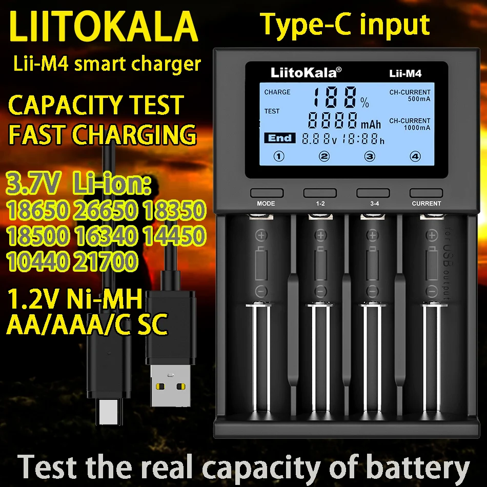 

liitokala Lii-M4 18650 charger lcd display universal smart charger test capacity for 3.7v 26650 18650 21700 aa aaa etc 4slot