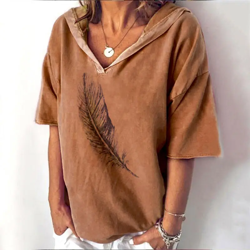 Женская мода женские футболки с коротким рукавом свободные принтом листьев