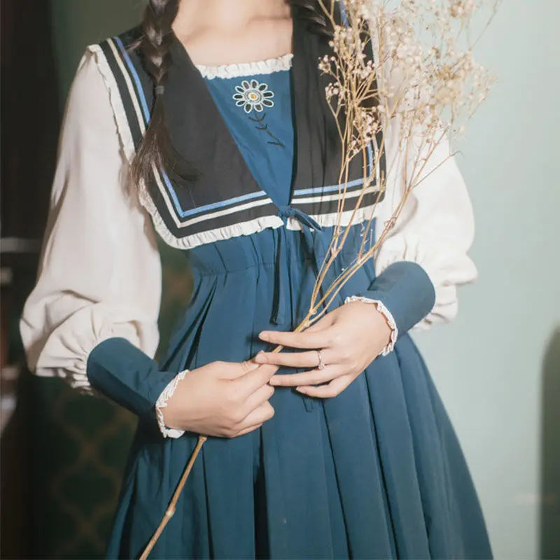 

QWEEK Vintage Dress Women French Palace Princess Elegant Navy Sailor Collar Long Sleeve Midi Dress Pleated Fairy Retro Floral