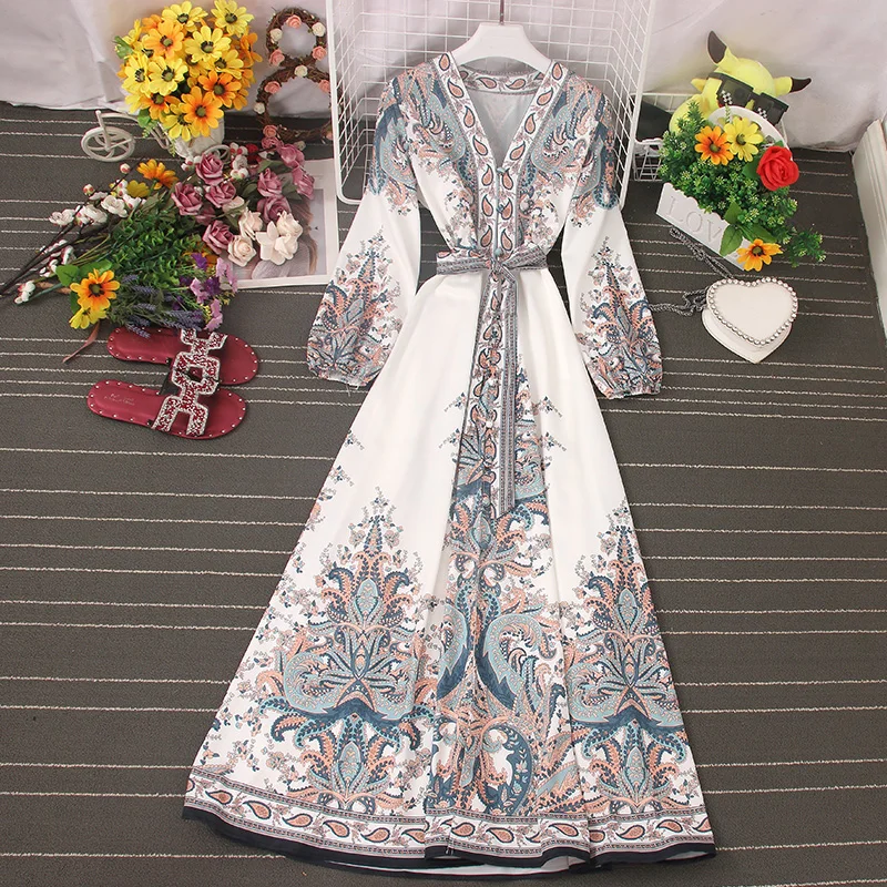 

Fitaylor 2021 Spring Women New V Neck Long Sleeve Print Chiffon Lace-up A-line Dress Casual Waist Slim Vacation Beach Dress