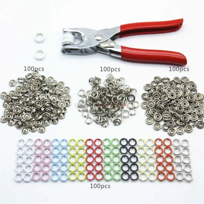 100xbuttons 1x plier 100 наборов 9,5 мм 10 цветов плоскогубые кусачки Швейные крепеж для рукоделия плоскогубцы щипцы кольцевая заклепка Кнопка нажмите шпильки ручные инструменты - Цвет: 100xbuttons 1x plier