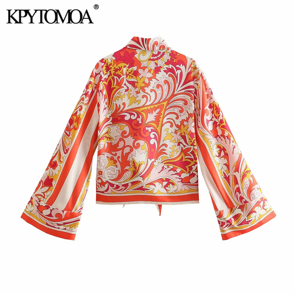 KPYTOMOA Women 2021 Fashion With Bow Tied Totem Print Asymmetry Blouses Vintage Long Sleeve Button-up Female Shirts Chic Tops | Женская
