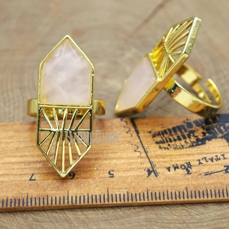 

RM10113 10Pcs Cheap Hollow Out Pentagon Rose Quartzs Gold Electroplated Hexagon Ring Copper Ring Clearance Adjustable