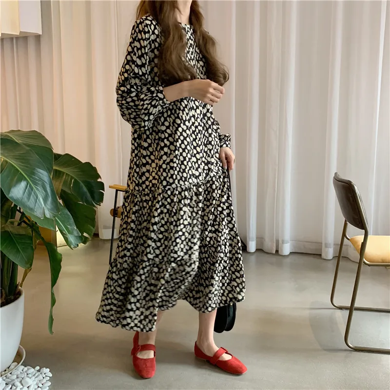 

Korean Version of the Simple Dots Long Sleeve Dress 2021 Autumn Casual Women O-neck Female Maxi Dresses Summer