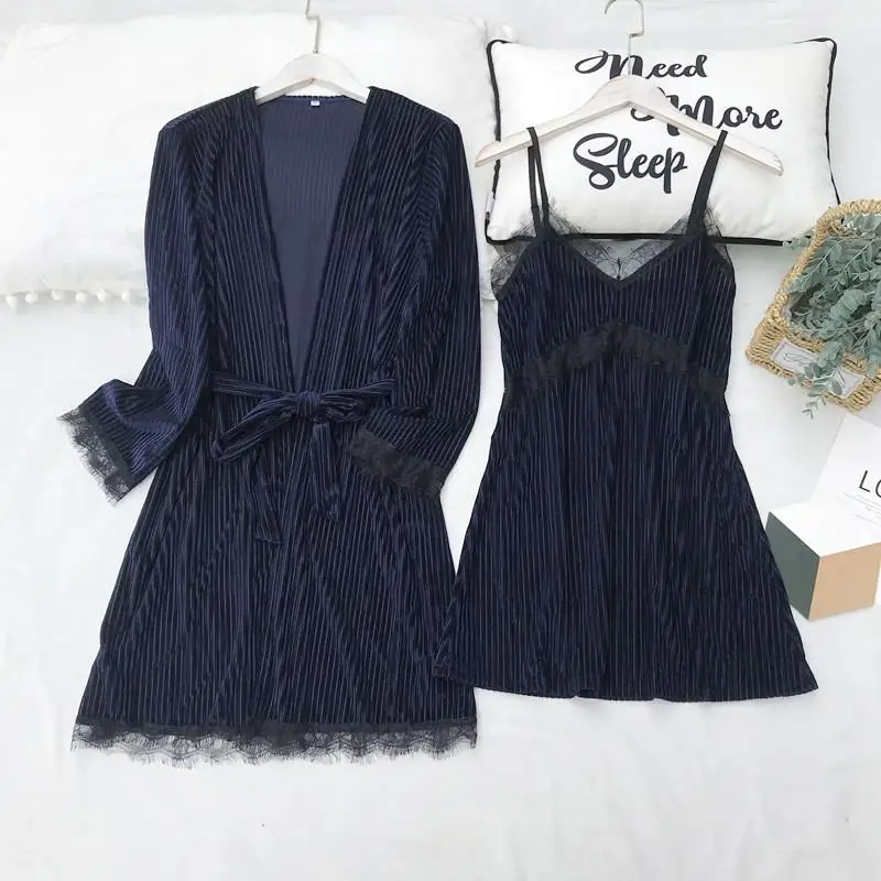 Navy Blue2 Теплый Бархатный халат, кимоно, одежда для сна, мягкий велюр, женский свадебный халат, ночная рубашка, ночное белье, повседневное банное платье, интимное белье - Цвет: Navy Blue2