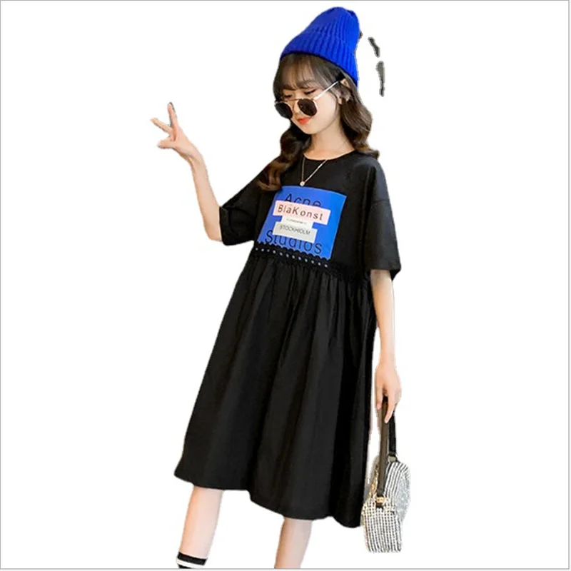 

Girls' Solid Color Dresses 2021 Summer 4-16 Years Old Children's Fashion Letter Printing Casual T-shirt Dress
