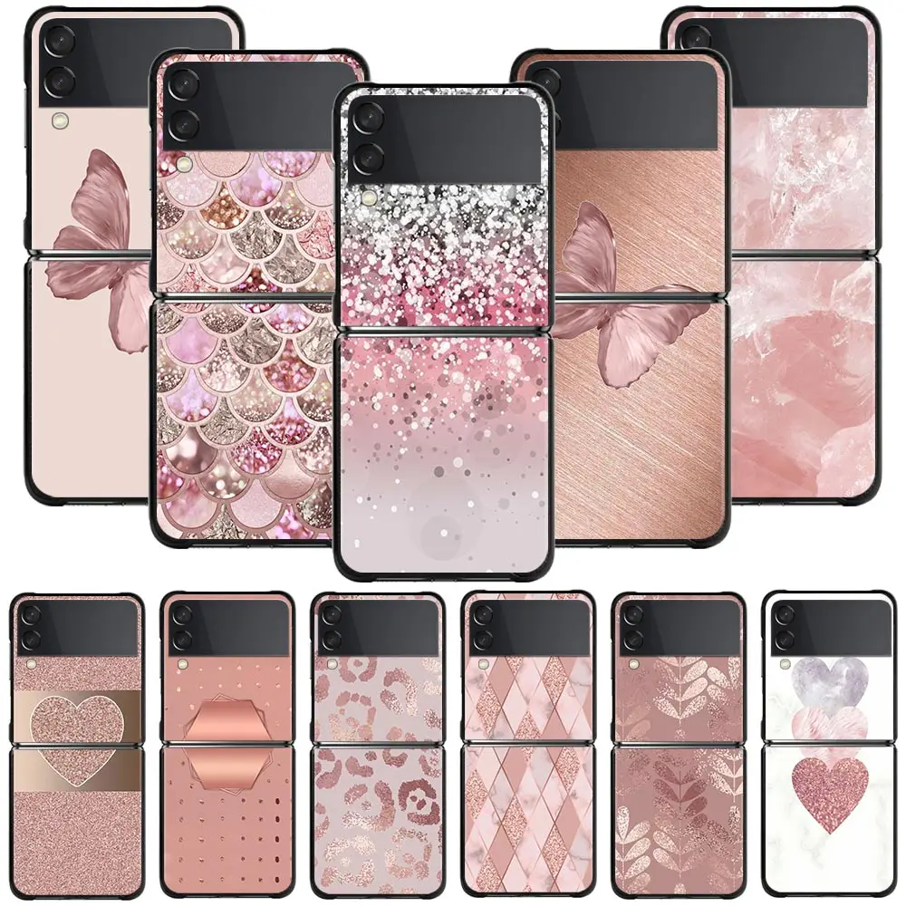 

For Samsung Galaxy Z Flip3 5G Case For Samsung Galaxy Z Flip 3 Zflip 5G Black Hard PC Cases Gold Pink Rose Glitter Hearts