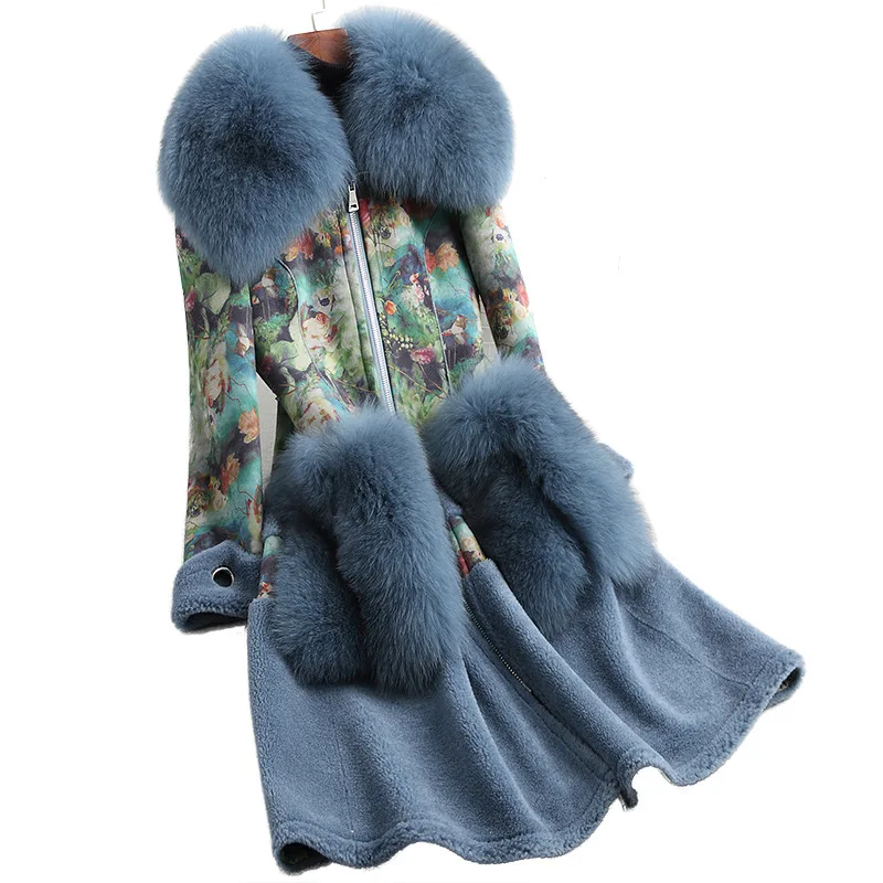 

2019 S-XL Fashion Women Fox Fur Collar Wool Fur Coat Real Sheep Fur Thick Warm Outerwear Ladies Print Suede Fabric Long Jackets