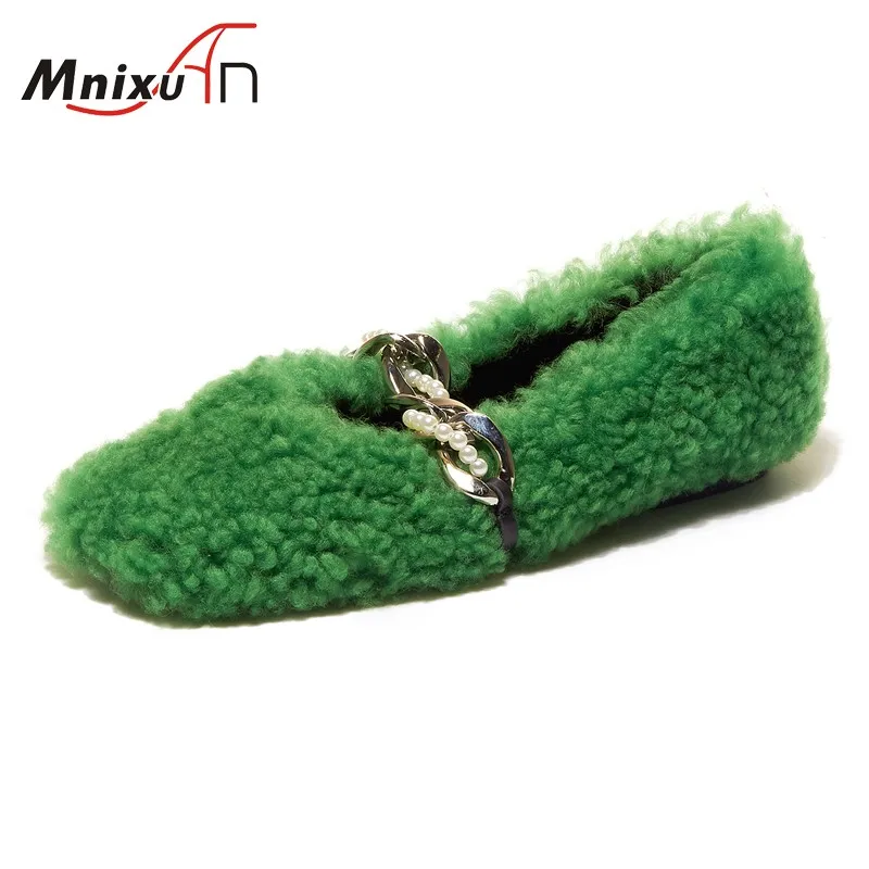 

Fashion new 2020 womens loafers flat shoes winter Cashmere round toe metal pearls warm Fleece casual ballet flats ladies shoes