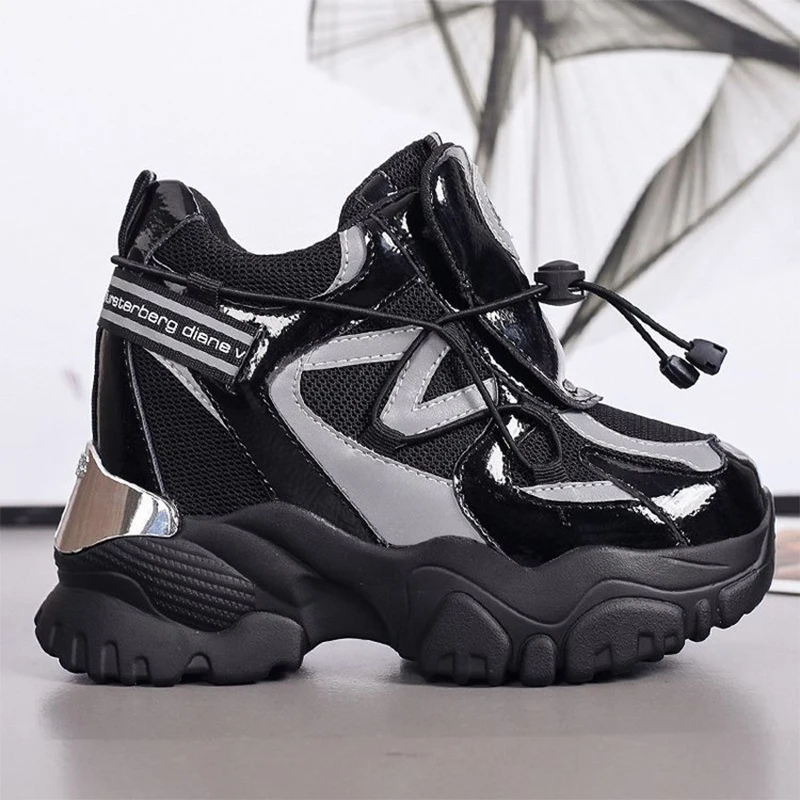 

Fashion Women Black Chunky Sneakers Breathable Mesh High Platform Sneakers Height Increasing Casual Shoes Woman 2021 Spring