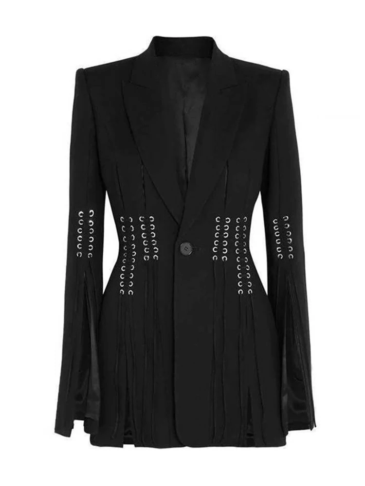 

Free shipping heavy crafts jump belt tight-fitting ladies hollow fashion suit jacket 2020New women's autumn long-sleeved jacket