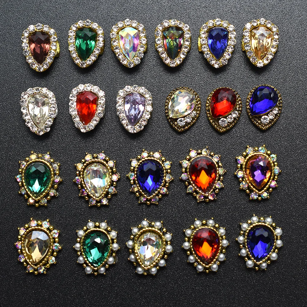 

10pcs Gold WaterDrop Rhinestones AB Colorful Nail Art Decorations Ancient Alloy 3D strass Charm Nail Accessory Supply New TOP