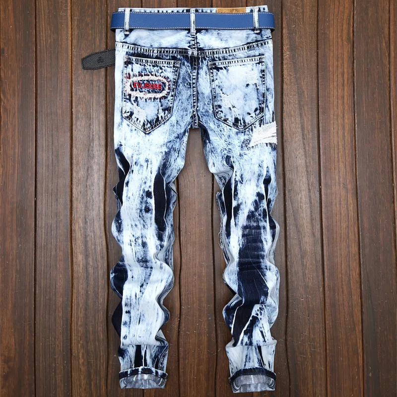 

Supply of foreign trade of light color jeans male euramerican embroidered hole patch color matching pants straight jeans