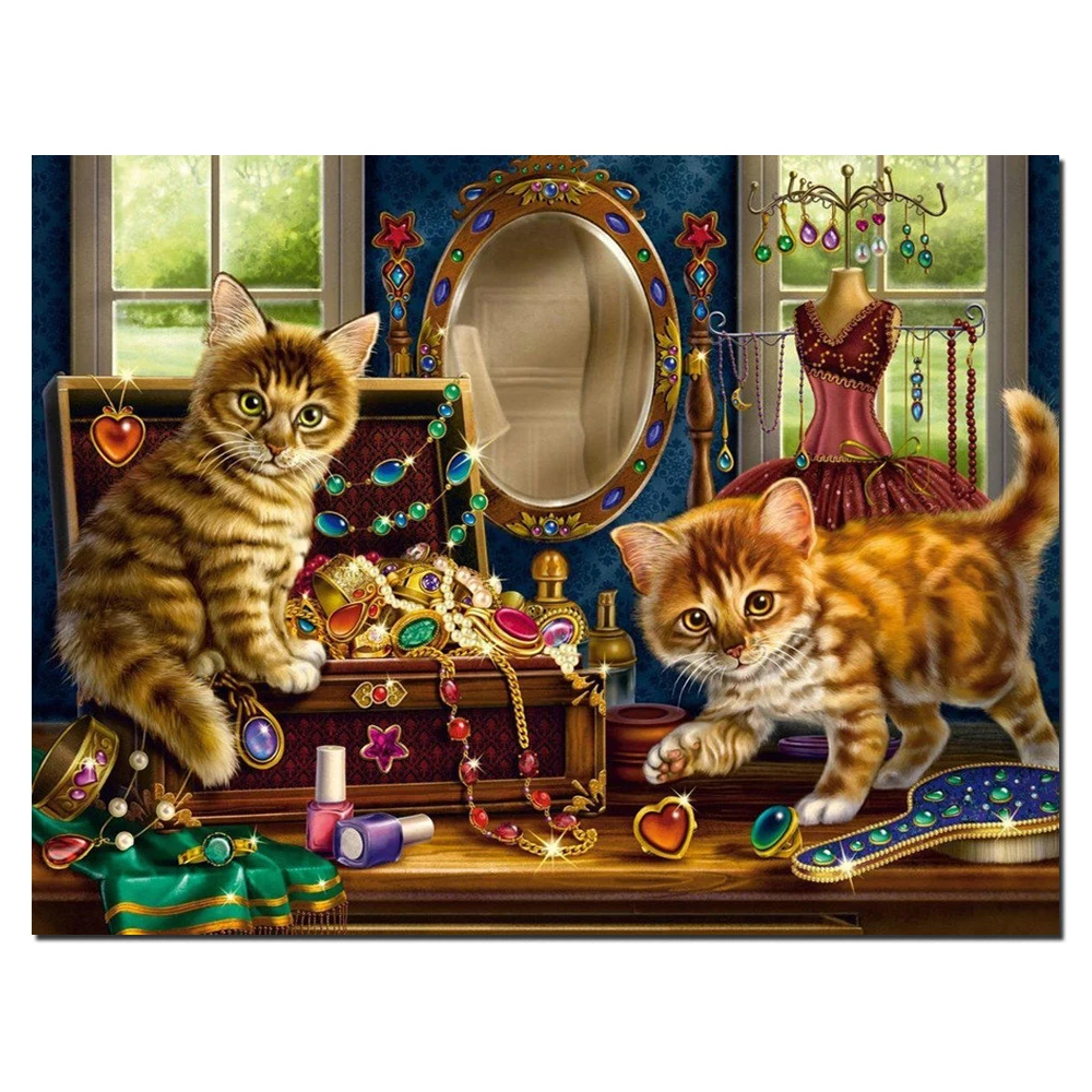 

QIZITEGN 5d Diy Diamond Painting "Cat On The Dressing Table" Full Round Mosaic Cross Stitch Animal Handmade Home Decoration Gift