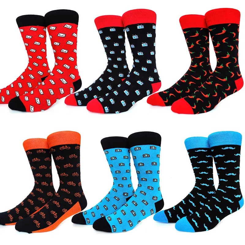 6 Pairs/Pack Happy Funny Socks Men Christmas Colorful Combed Cotton Plus Size Rhombus Casual Fashion Autumn Crew Socks Men Socks