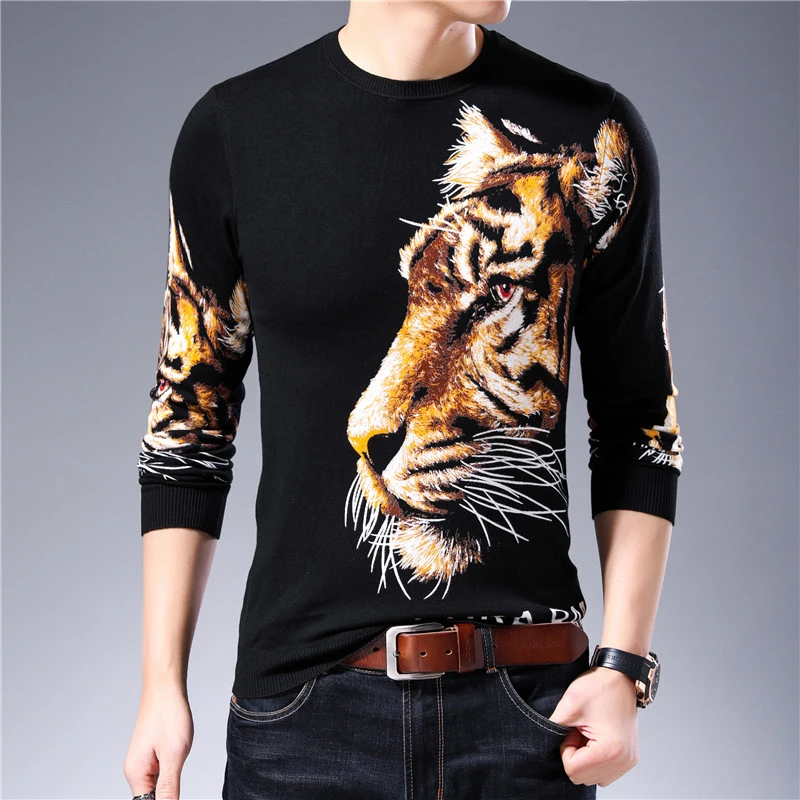 

2020 Spring Tiger Print Sweater Mens Fashion Pullover Erkek Kazak Slim Fit Pull Homme Animal Printed Sweater Mens Chompas Hombre