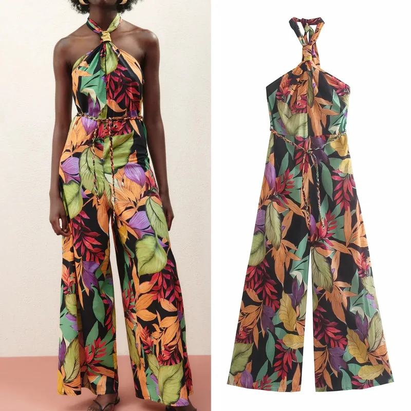 

Sufuseason Za 2021 Summer Ladies' Off-the-shoulder Jumpsuit with Floral Bohemian Neckline Jumpsuits for Women Elegant