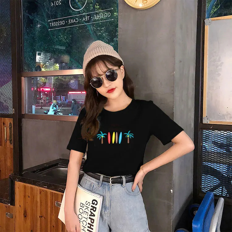 Повседневная хлопковая Футболка с круглым вырезом и коротким рукавом принтом