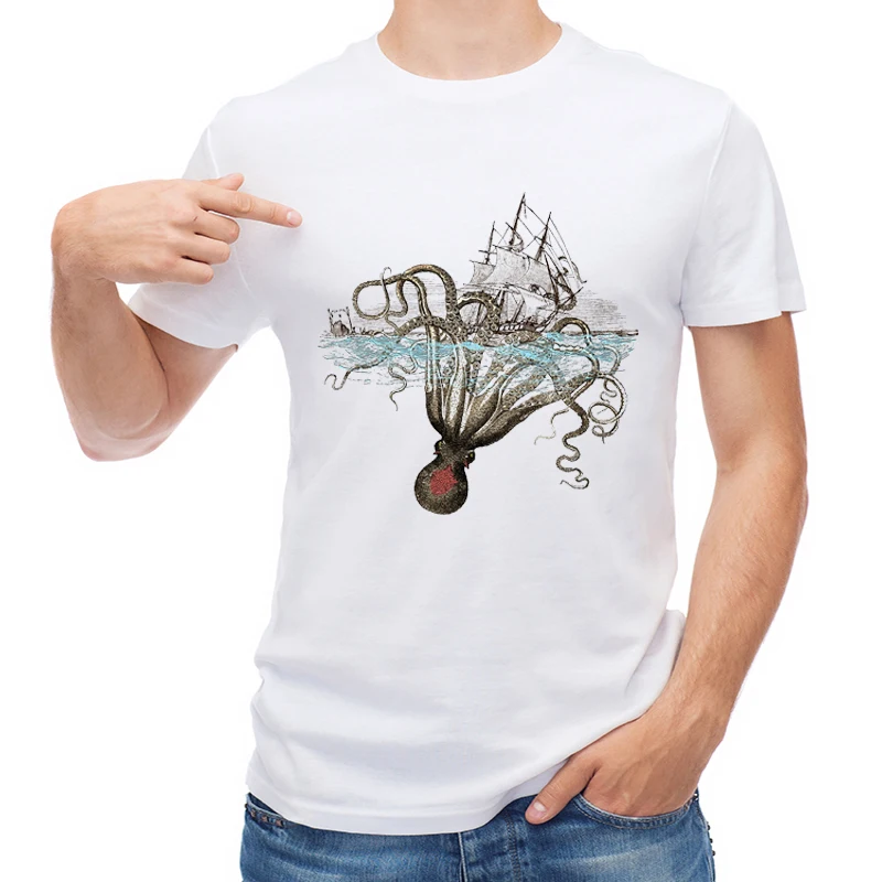 

TEEHUB Newest Beware the Kraken Men T Shirt Fashion Retro Octopus Attacking Ship Printed T-shirt Short Sleeve Tops Boy Tees