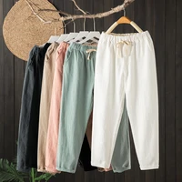 spring summer womens pants vintage cotton linen casual loose capri pants mom solid color ankle length harem pants for women