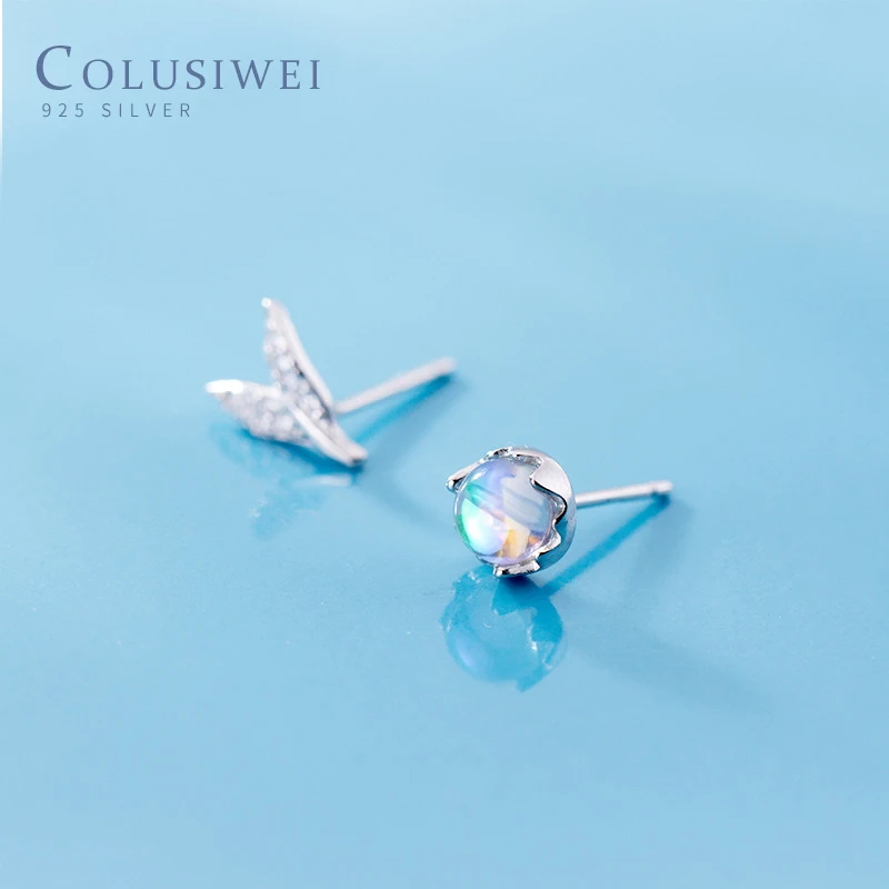 Colusiwei Hot Sale 100% 925 Sterling Silver Aurora Blue Crystal Mermaid Fishtail Small Stud Earrings for Women Jewelry | Украшения и