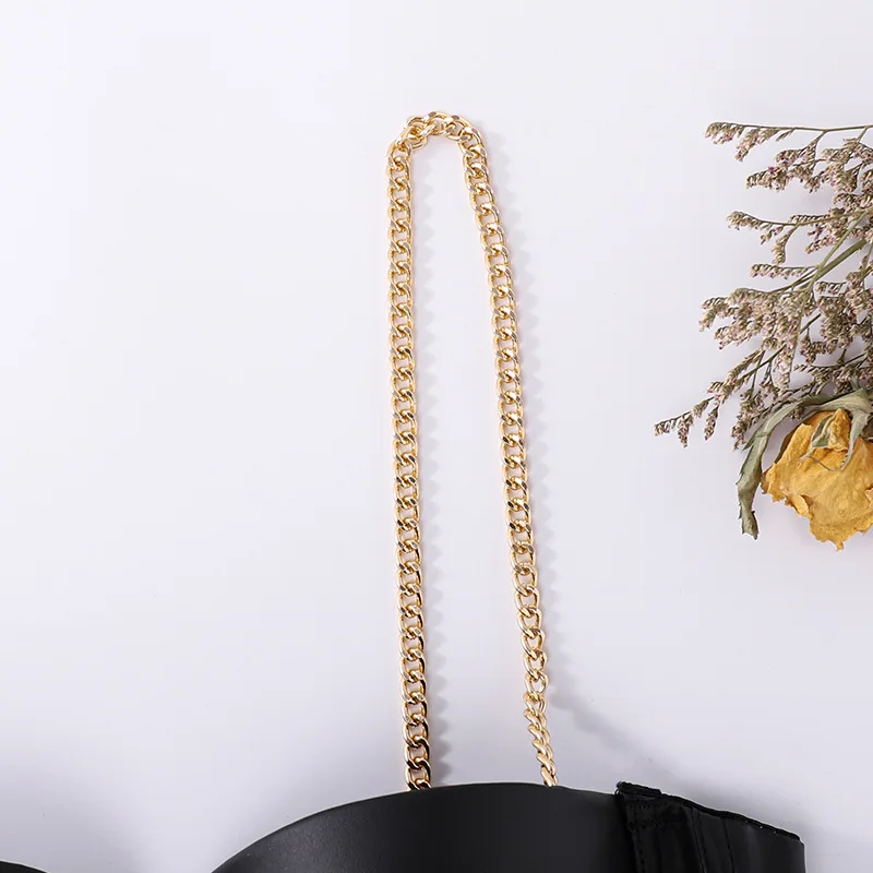 

Female Fashion Vest Girl Black Solid Color PU Sleeveless Spaghetti Strap Chain Crop Tops Backless Sexy Slim Camisole for Summer