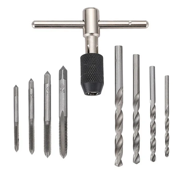 

9pcs/set Hand Screw Tap T Type Screw Thread Reamer Set M3/M4/M5/M6 Metric Taps With 4pcs Twist Drill Bits And Wrench Hand Tools