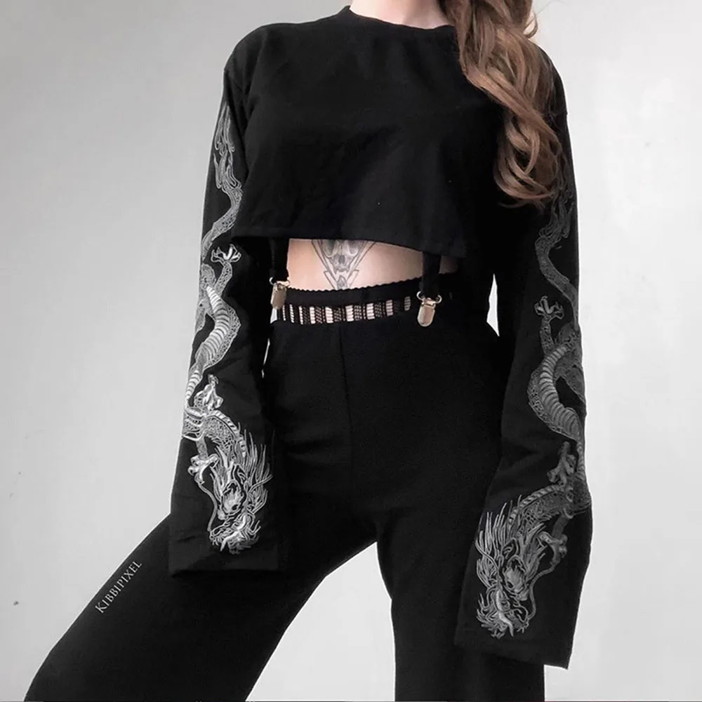 

New Listing Gothic Fashion Pullover Women Long Sleeve Hoodie Loose Patchwork Dragon Printing Round Neck Black Tops For Autumn