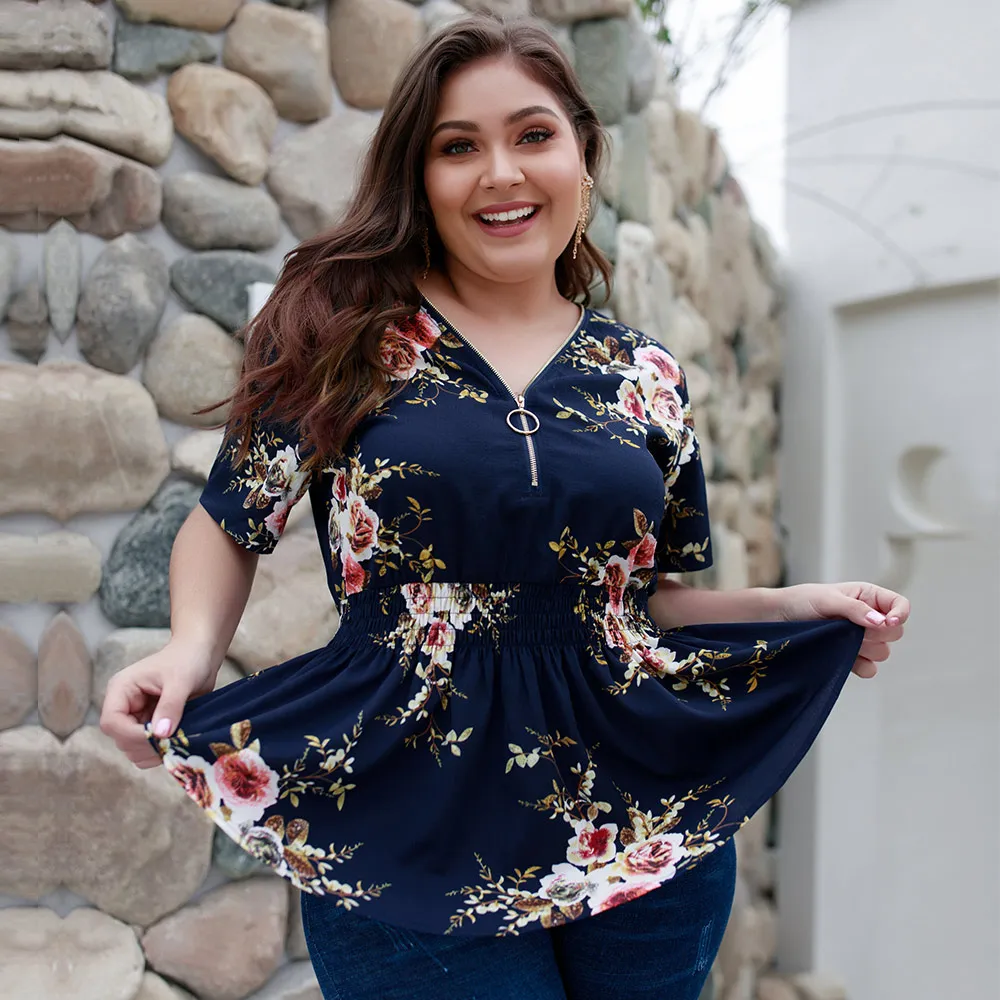 Женские блузки из полиэстера с v образным вырезом размера плюс рубашка принтом