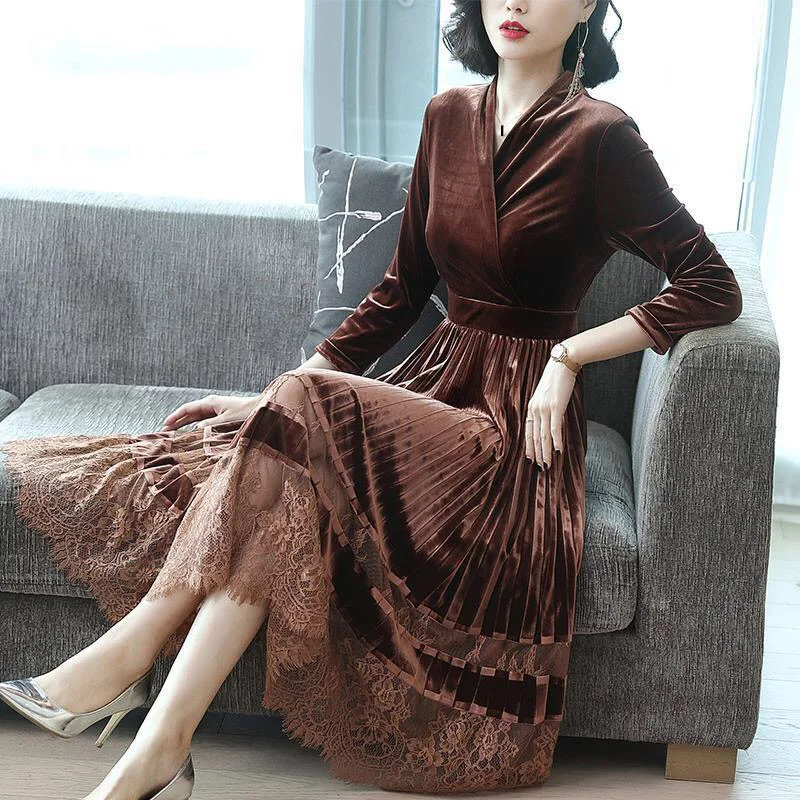2020 Spring Fall Korean Womens V Neck Full Sleeve Lace Patchwork High Waisted Velvet Dress , Slim Velour Dresses for Woman