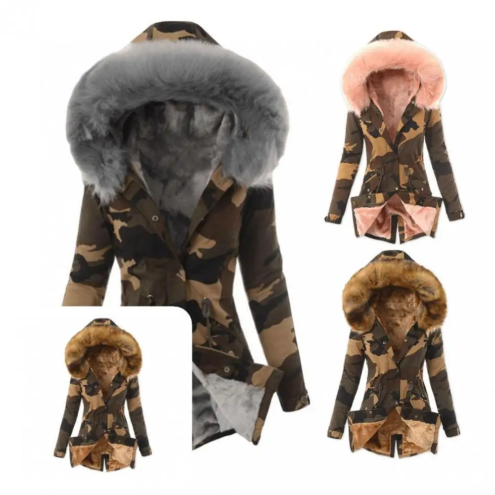 

Winter Jacket Buttons Closure Slim Fit Thickened Fleece Lined Camouflage Print Women Coat Women Coat for Date