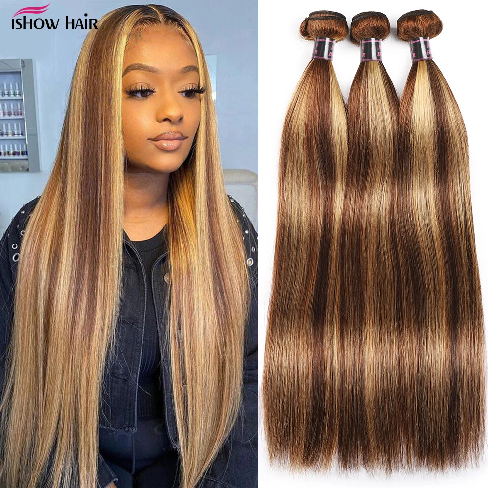 

Ishow Brazilian Ombre Hair Bundles Bone Straight Human Hair Bundles P4/27 Brown with Highlight Color Remy Hair Weave Bundles