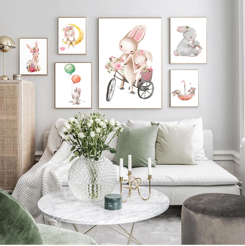 Детская парусиновая картина с кроликом рисунок животными розовый воздушный шар