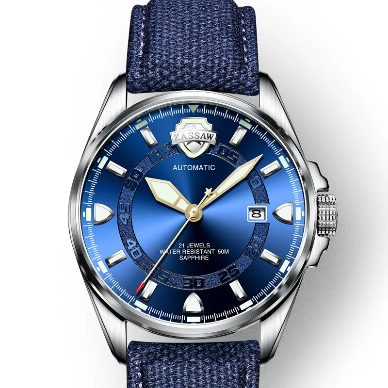 Мужские часы KASSAW в стиле милитари светящиеся автоматические механические с