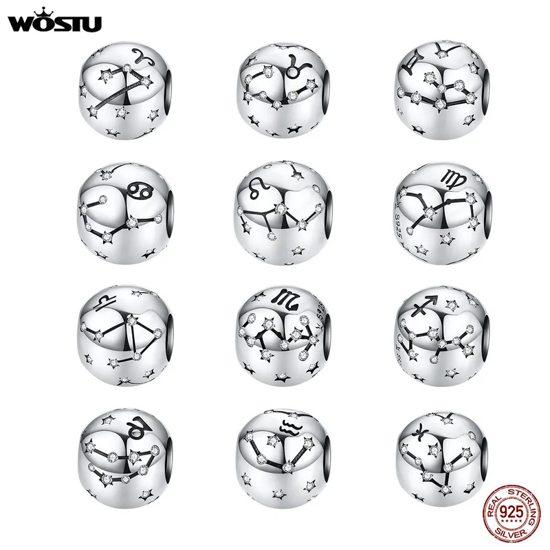 WOSTU 12 Созвездие овна бусины 925 пробы Серебро CZ Шарм Подходит DIY браслет бусины для изготовления ювелирных изделий CQC1218