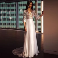 elegant lace chiffon wedding gowns 2021 three quarter sweep train custom made o neck bridal dresses for women