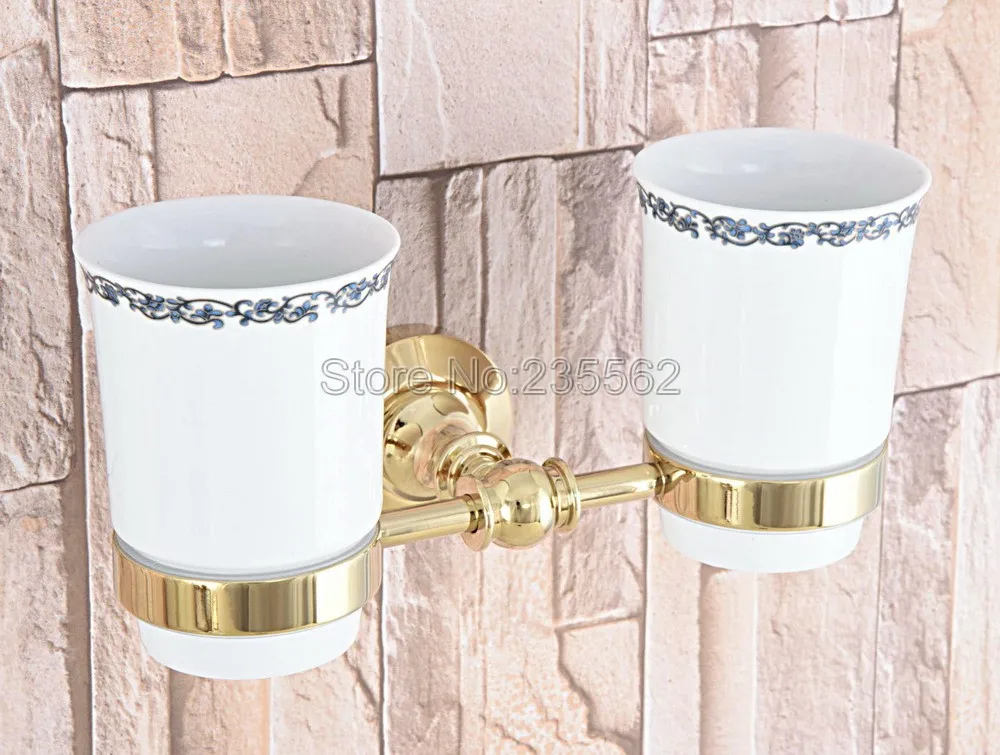 

Gold Color Brass Bathroom Accessories Ceramic Toothbrush Cup Holder Wall Mount Lba316