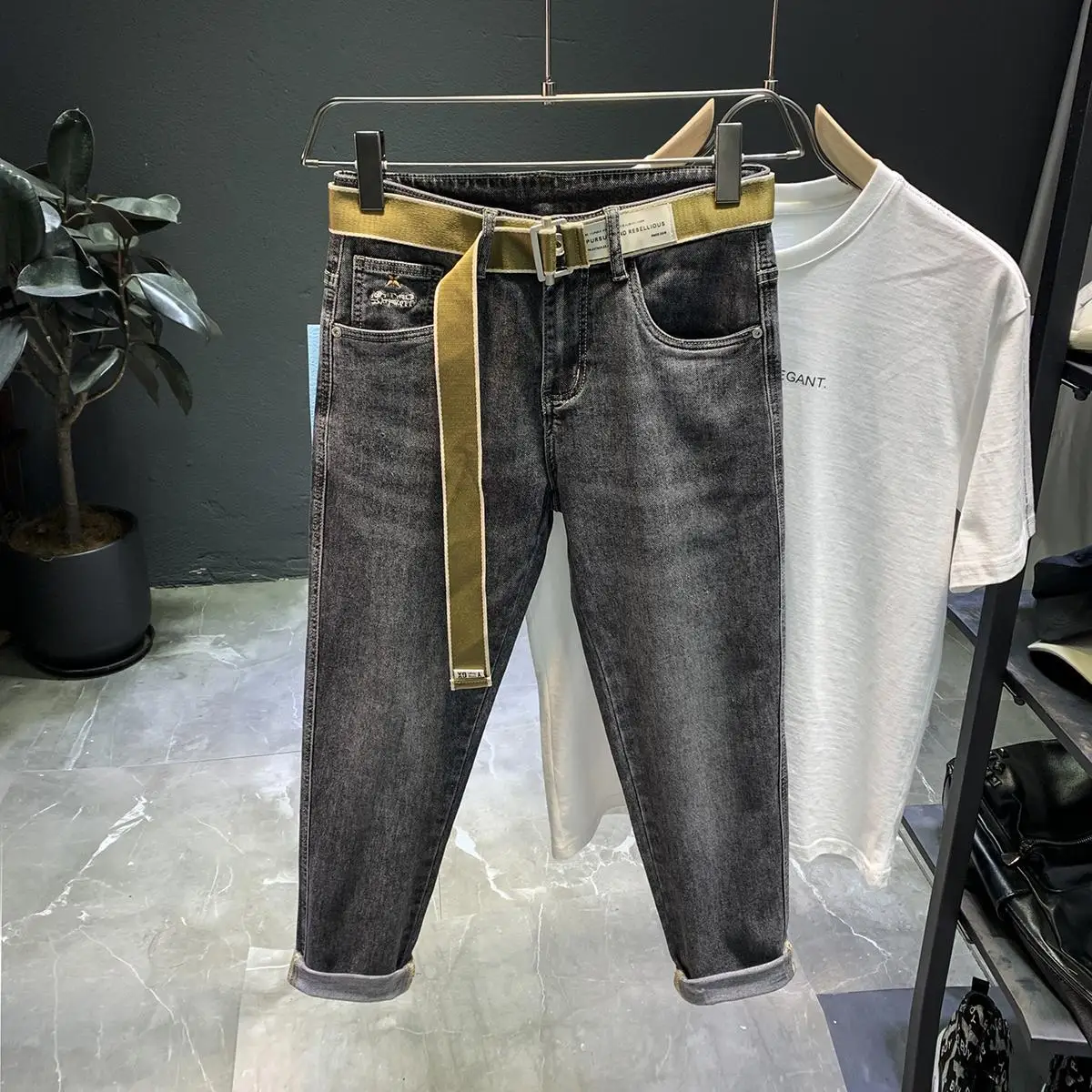 

Японские Классические Современные эластичные серые джинсы в стиле хип-хоп модные деловые джинсовые облегающие джинсовые брюки мужские Бре...